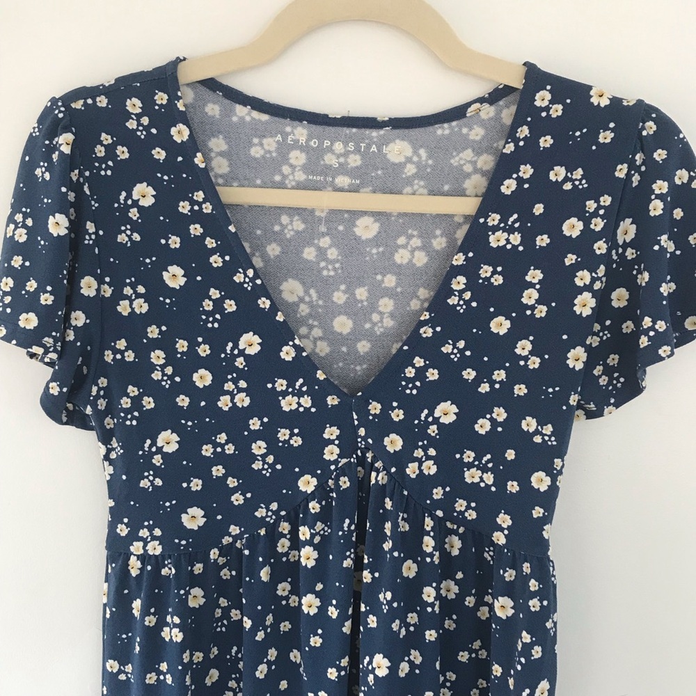 Blue White Yellow Floral Flowers Spring Mini  Fit and Flare Dress size S - Picture 2 of 5